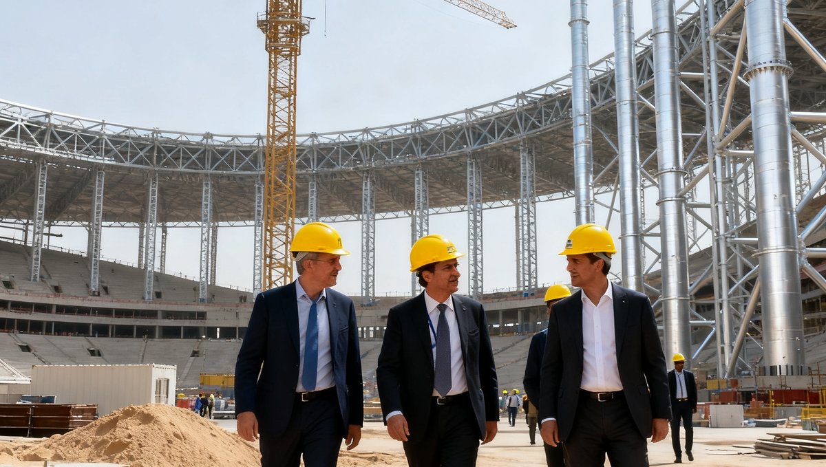 国际足联技术评估组成员头戴安全帽在利雅得体育场建设工地实地考察，背景可见巨型起重机和高耸的钢结构框架