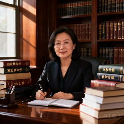 国际体育法博士林婉清职业肖像照，她戴着细框眼镜，坐在堆满法律书籍的书桌前，神情专注