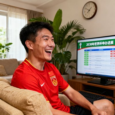 资深球迷代表王浩然的生活照，他穿着红色国家队球衣，坐在客厅沙发上对着电脑浏览世界杯申办信息，脸上带着兴奋的笑容